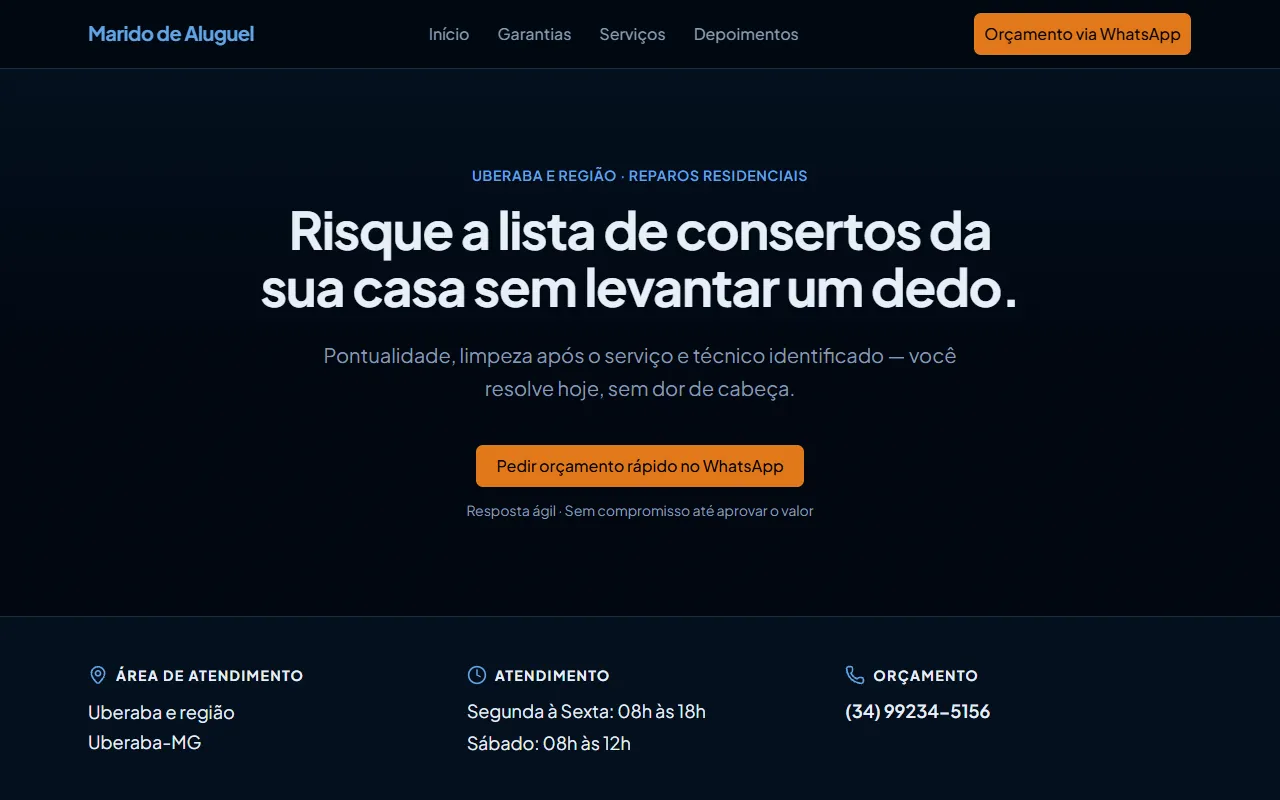 Print do site Marido de Aluguel (modelo). Modelo para prestador de serviço: serviços por categoria e orçamento pelo WhatsApp.